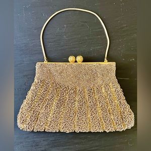 Vintage Gold Beaded Evening Handbag with Chain Handle